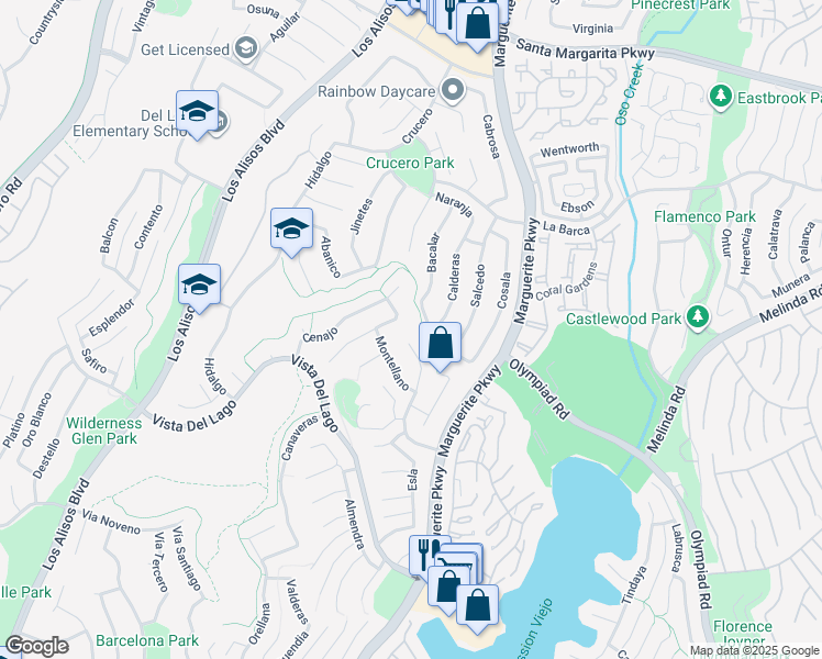map of restaurants, bars, coffee shops, grocery stores, and more near 27633 Alarcon in Mission Viejo