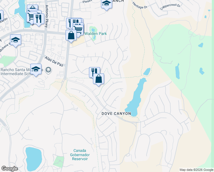 map of restaurants, bars, coffee shops, grocery stores, and more near 29 Muirfield in Rancho Santa Margarita