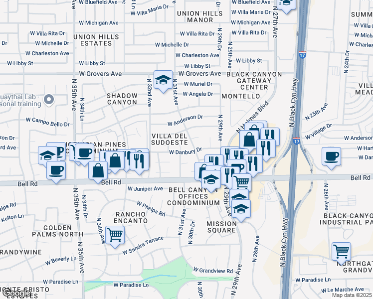 map of restaurants, bars, coffee shops, grocery stores, and more near 3126 West Danbury Drive in Phoenix