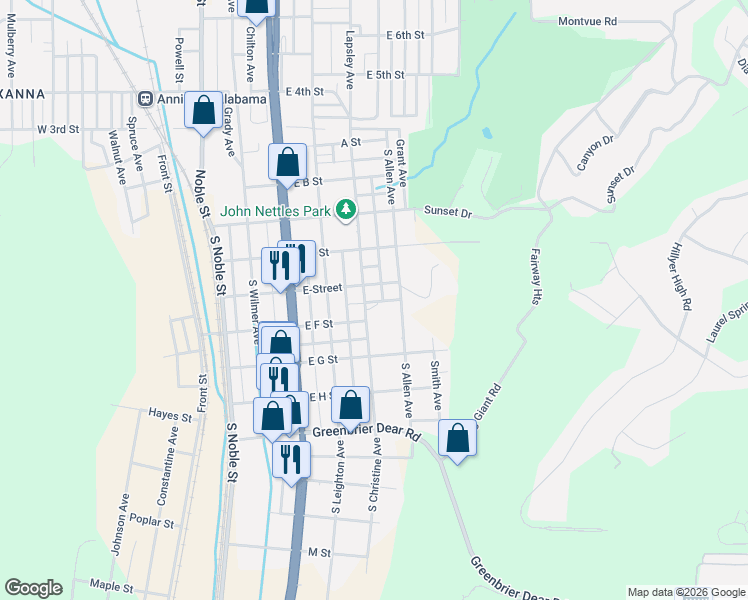 map of restaurants, bars, coffee shops, grocery stores, and more near 407 South Christine Avenue in Anniston
