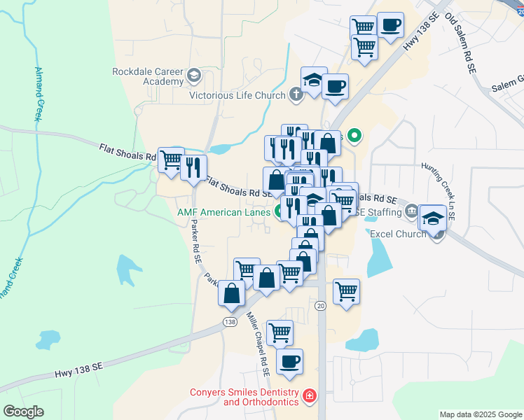 map of restaurants, bars, coffee shops, grocery stores, and more near 1200 Silver Summit Drive Southeast in Conyers