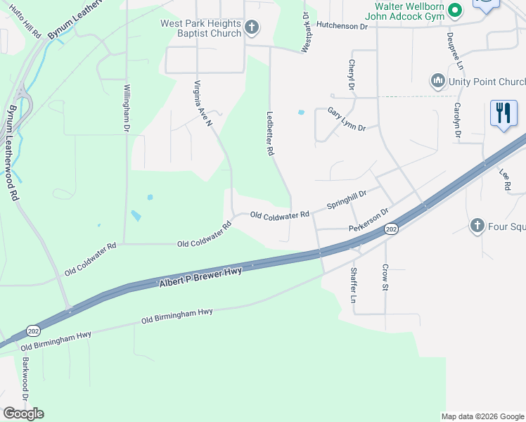 map of restaurants, bars, coffee shops, grocery stores, and more near 284 Old Coldwater Road in Anniston