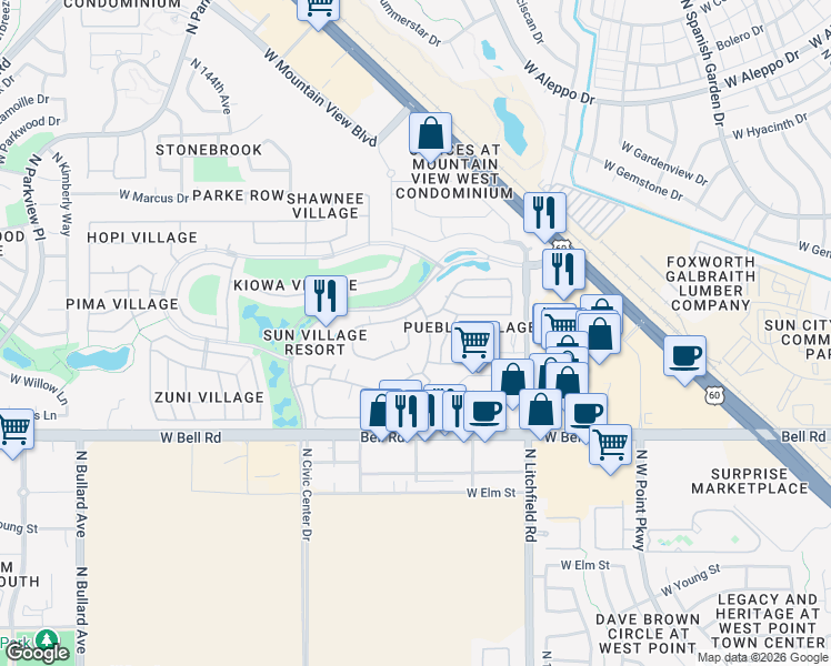 map of restaurants, bars, coffee shops, grocery stores, and more near 14300 West Bell Road in Surprise