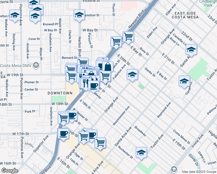 map of restaurants, bars, coffee shops, grocery stores, and more near 151 1/2 East 19th Street in Costa Mesa