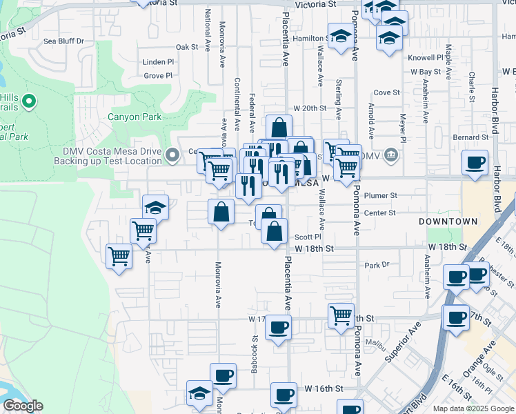 map of restaurants, bars, coffee shops, grocery stores, and more near 825 Center Street in Costa Mesa
