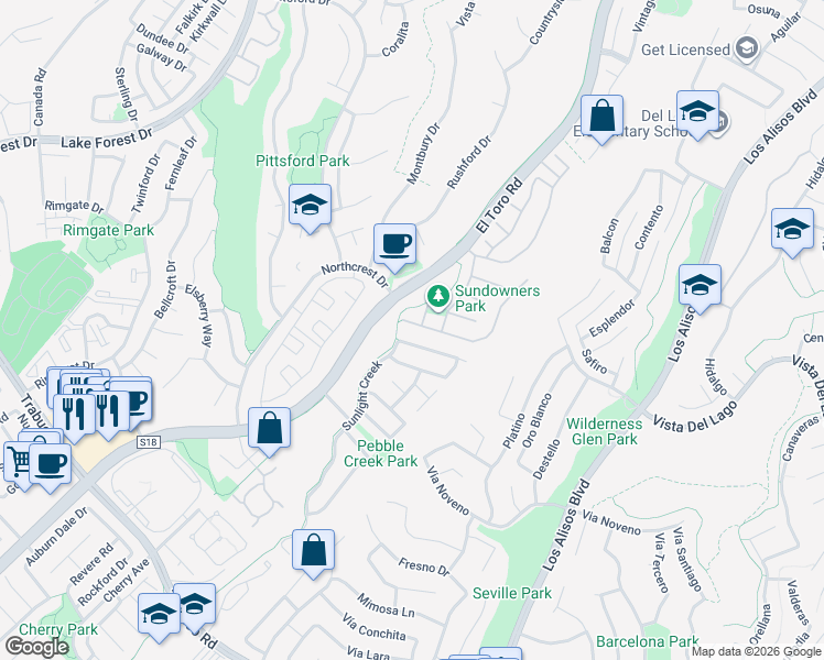 map of restaurants, bars, coffee shops, grocery stores, and more near 26512 Shane Drive in Lake Forest