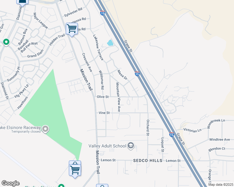 map of restaurants, bars, coffee shops, grocery stores, and more near 21270 Olive Street in Lake Elsinore