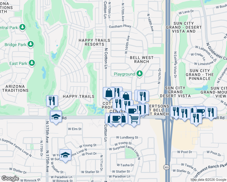 map of restaurants, bars, coffee shops, grocery stores, and more near 17025 West Manchester Drive in Surprise