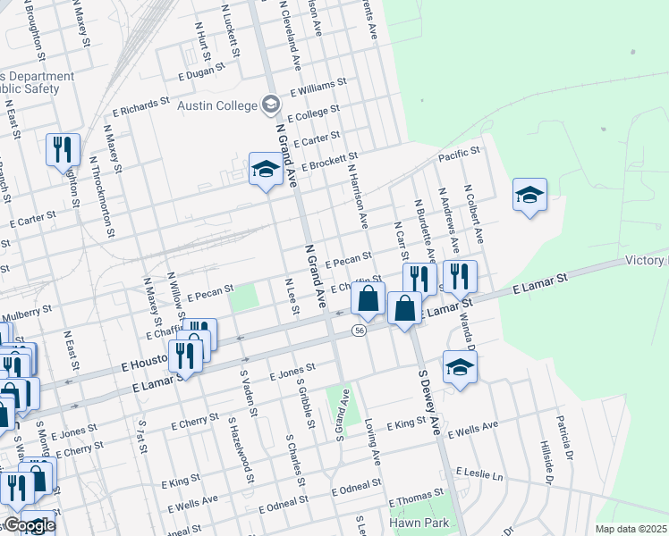 map of restaurants, bars, coffee shops, grocery stores, and more near 1528 E Pecan St in Sherman