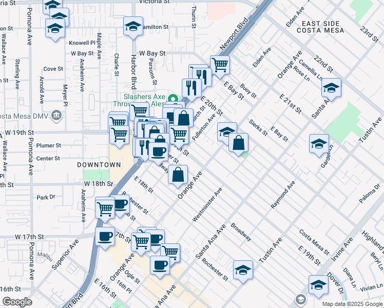 map of restaurants, bars, coffee shops, grocery stores, and more near 164 East 19th Street in Costa Mesa
