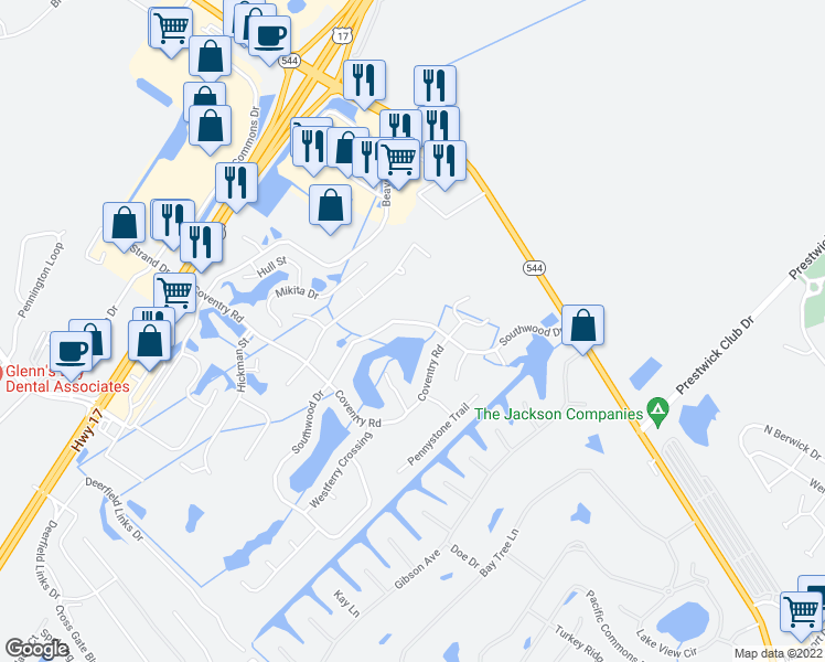 map of restaurants, bars, coffee shops, grocery stores, and more near 1644 Southwood Drive in Myrtle Beach
