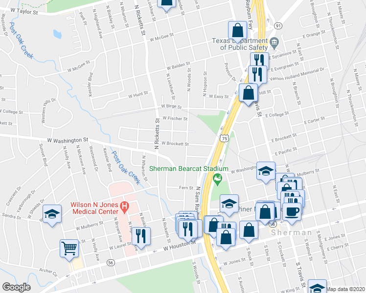 map of restaurants, bars, coffee shops, grocery stores, and more near 718 North Woods Street in Sherman