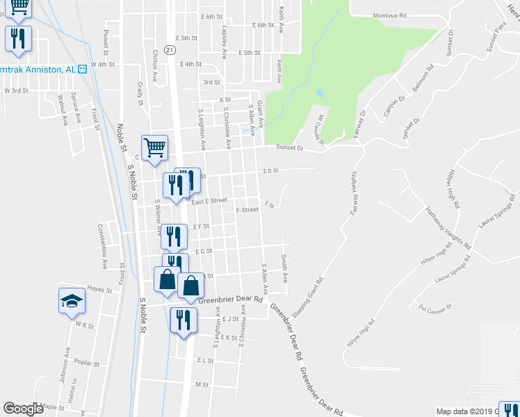 map of restaurants, bars, coffee shops, grocery stores, and more near 406 South Allen Avenue in Anniston