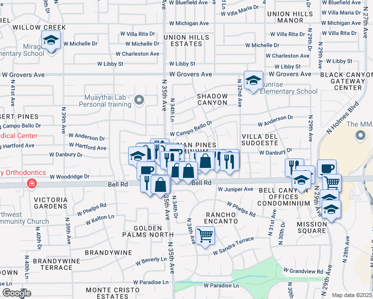 map of restaurants, bars, coffee shops, grocery stores, and more near 3329 West Danbury Drive in Phoenix