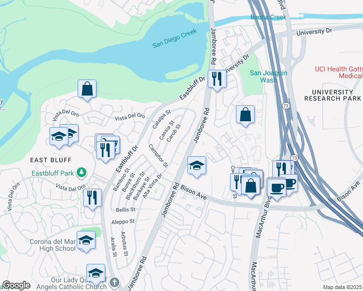 map of restaurants, bars, coffee shops, grocery stores, and more near 901 Celtis Place in Newport Beach