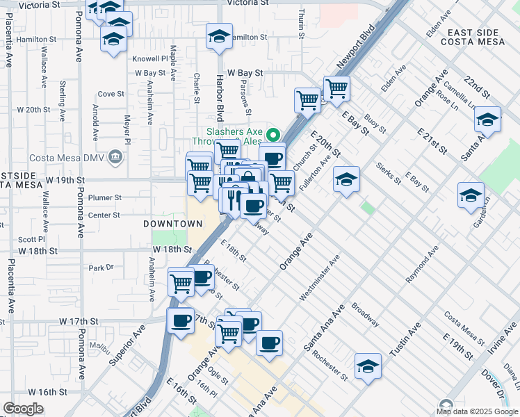 map of restaurants, bars, coffee shops, grocery stores, and more near 119 Flower Street in Costa Mesa