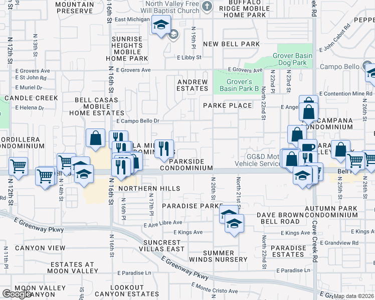 map of restaurants, bars, coffee shops, grocery stores, and more near 1920 East Bell Road in Phoenix