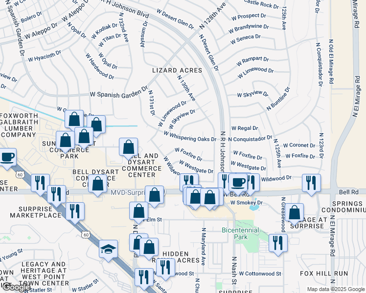 map of restaurants, bars, coffee shops, grocery stores, and more near 13038 West Foxfire Drive in Sun City West