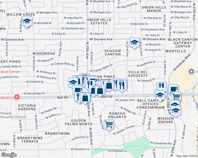 map of restaurants, bars, coffee shops, grocery stores, and more near 3329 West Danbury Drive in Phoenix