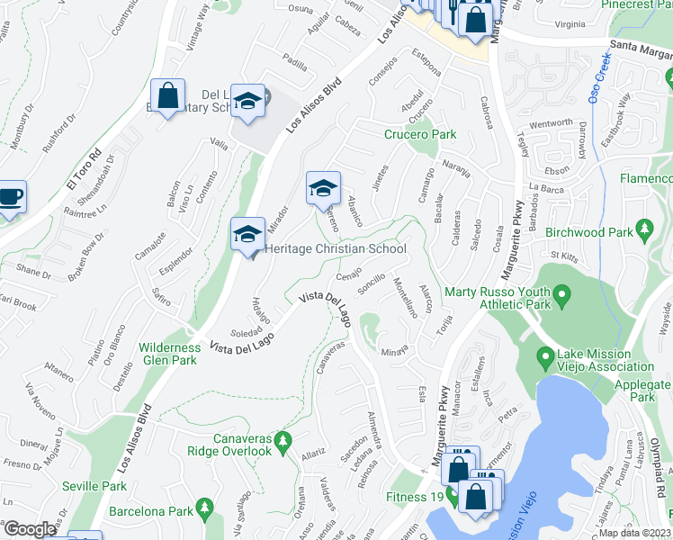 map of restaurants, bars, coffee shops, grocery stores, and more near 27441 Cenajo in Mission Viejo
