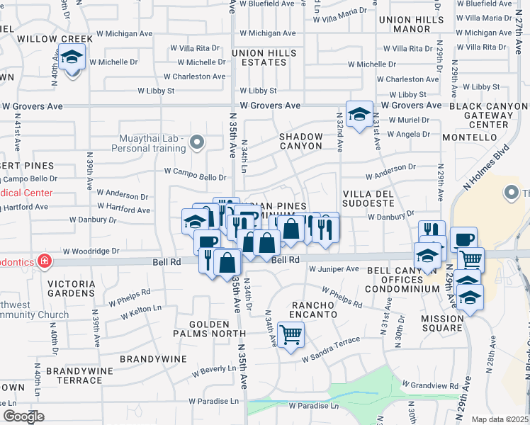 map of restaurants, bars, coffee shops, grocery stores, and more near 3329 West Danbury Drive in Phoenix