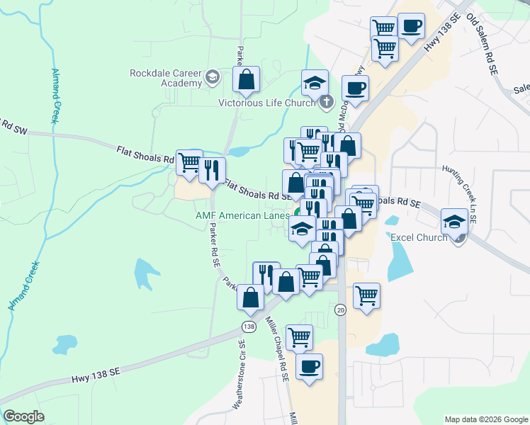 map of restaurants, bars, coffee shops, grocery stores, and more near 1702 Silver Summit Drive Southeast in Conyers
