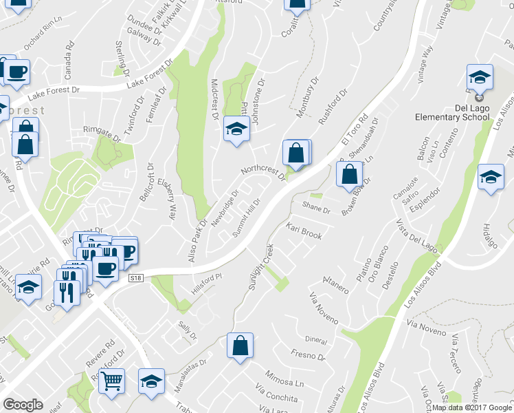 map of restaurants, bars, coffee shops, grocery stores, and more near 22112 Summit Hill Drive in Lake Forest