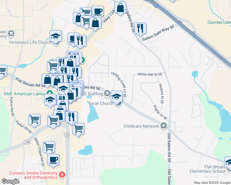 map of restaurants, bars, coffee shops, grocery stores, and more near 1797 Big Horn Court Southeast in Conyers