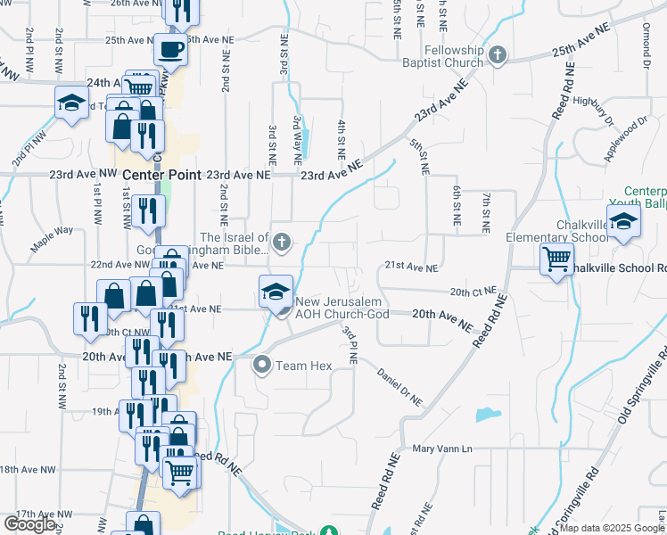 map of restaurants, bars, coffee shops, grocery stores, and more near 2103 Whetstone Court in Center Point