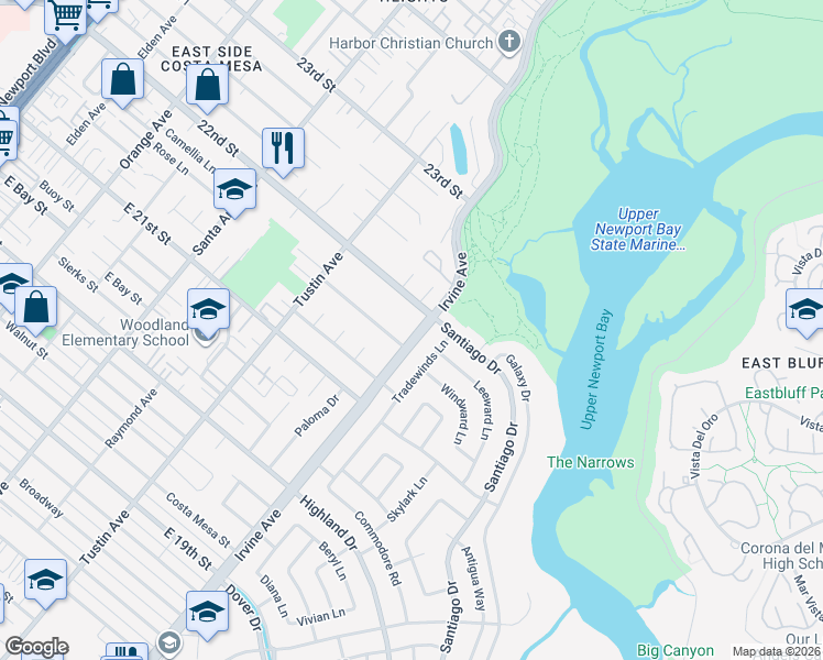 map of restaurants, bars, coffee shops, grocery stores, and more near 1921 Irvine Avenue in Newport Beach