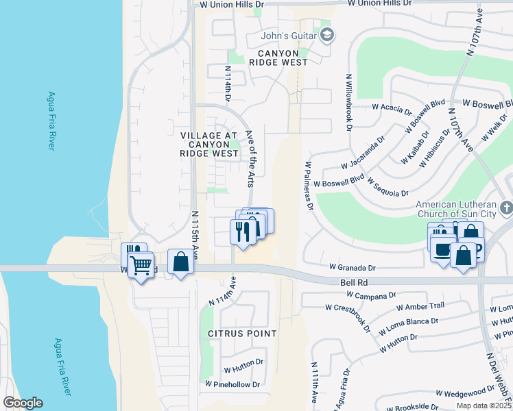 map of restaurants, bars, coffee shops, grocery stores, and more near 17447 N Avenue of the Arts in Surprise