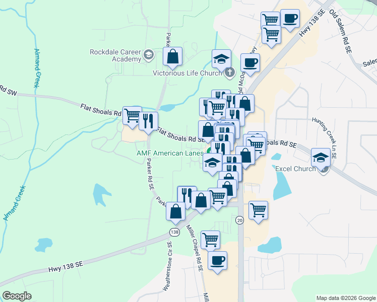 map of restaurants, bars, coffee shops, grocery stores, and more near 1702 Silver Summit Drive Southeast in Conyers
