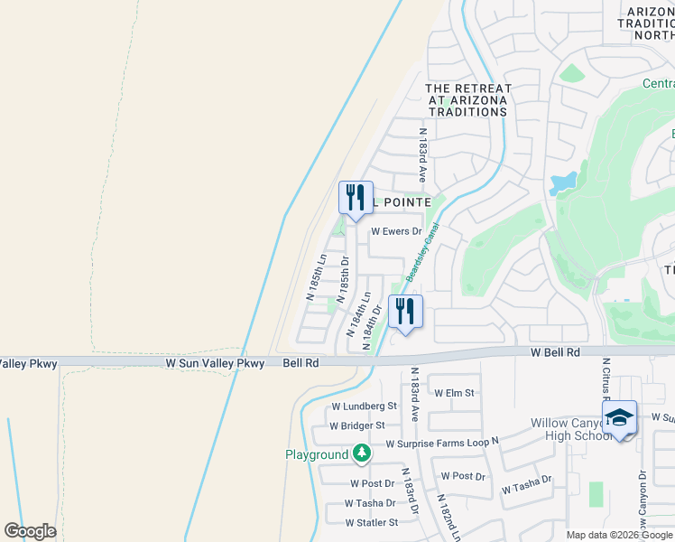 map of restaurants, bars, coffee shops, grocery stores, and more near 18515 West Sunbelt Drive in Surprise