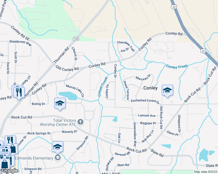 map of restaurants, bars, coffee shops, grocery stores, and more near 4122 Conley Circle in Conley