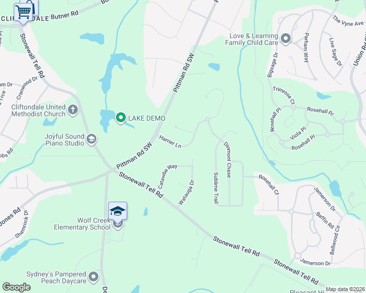 map of restaurants, bars, coffee shops, grocery stores, and more near 5848 Harrier Lane in Atlanta