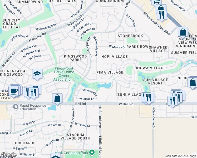 map of restaurants, bars, coffee shops, grocery stores, and more near 17205 North Kimberly Way in Surprise