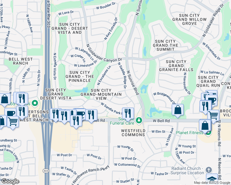 map of restaurants, bars, coffee shops, grocery stores, and more near 16162 West Sun Prairie Lane in Surprise