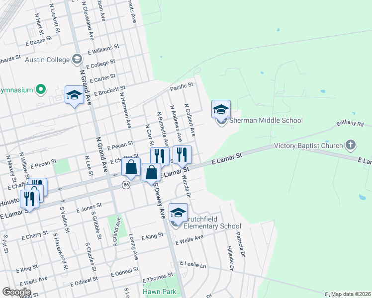 map of restaurants, bars, coffee shops, grocery stores, and more near 120 North Andrews Avenue in Sherman