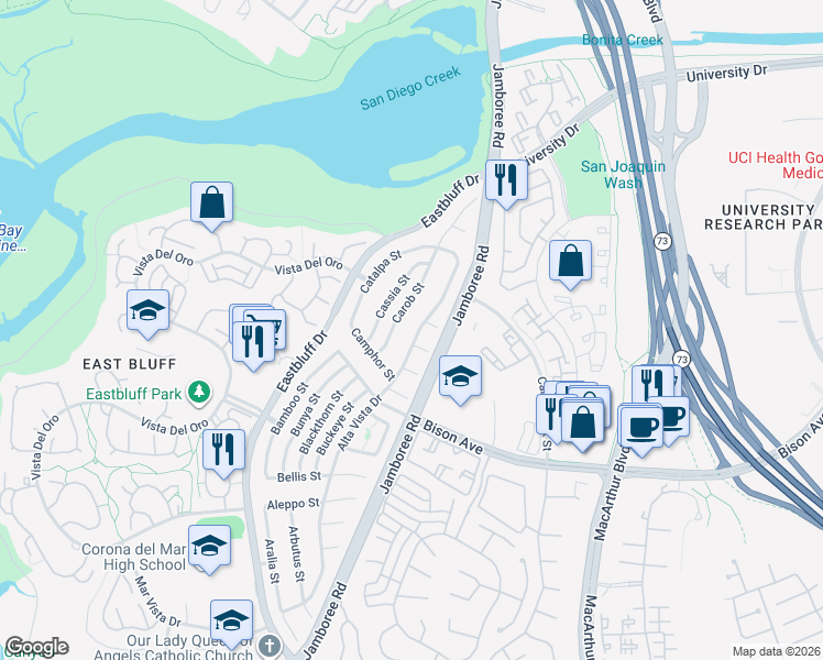 map of restaurants, bars, coffee shops, grocery stores, and more near 2807 Alta Vista Drive in Newport Beach