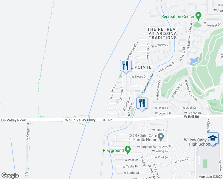 map of restaurants, bars, coffee shops, grocery stores, and more near 17346 North 185th Lane in Surprise