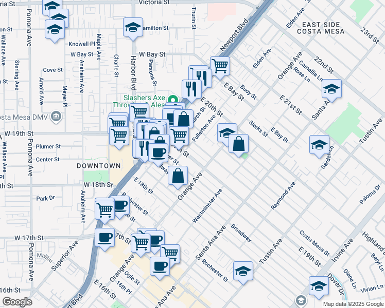 map of restaurants, bars, coffee shops, grocery stores, and more near 164 East 19th Street in Costa Mesa