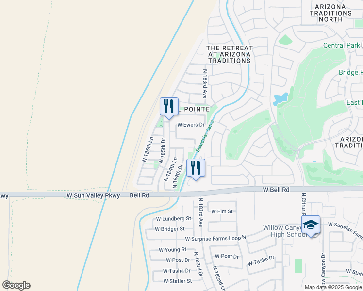 map of restaurants, bars, coffee shops, grocery stores, and more near 18426 West Dawn Drive in Surprise