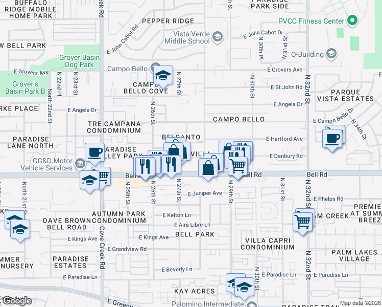 map of restaurants, bars, coffee shops, grocery stores, and more near 2747 Schiliro Circle in Phoenix
