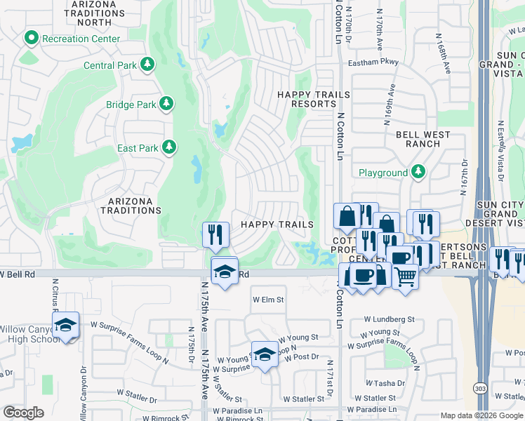 map of restaurants, bars, coffee shops, grocery stores, and more near 17200 West Bell Road in Surprise