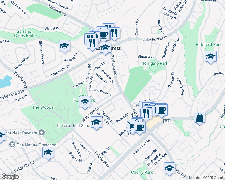 map of restaurants, bars, coffee shops, grocery stores, and more near 25462 Osage Way in Lake Forest