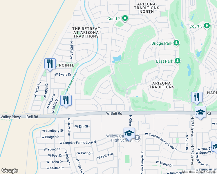 map of restaurants, bars, coffee shops, grocery stores, and more near 17931 West Dawn Drive in Surprise