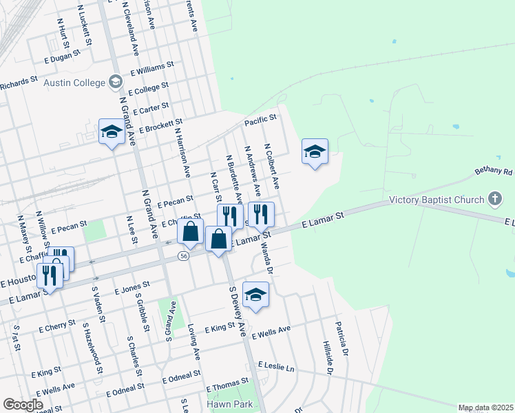 map of restaurants, bars, coffee shops, grocery stores, and more near 120 North Andrews Avenue in Sherman
