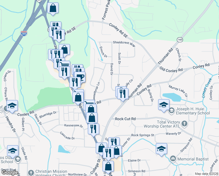 map of restaurants, bars, coffee shops, grocery stores, and more near 4113 David Drive in Forest Park