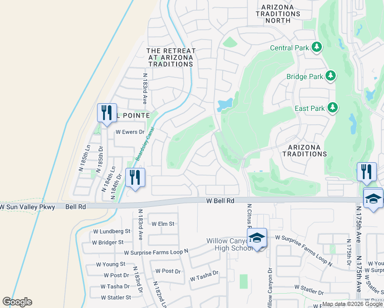 map of restaurants, bars, coffee shops, grocery stores, and more near 17412 West Fairway Drive in Surprise