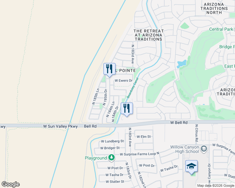 map of restaurants, bars, coffee shops, grocery stores, and more near 18426 West Dawn Drive in Surprise